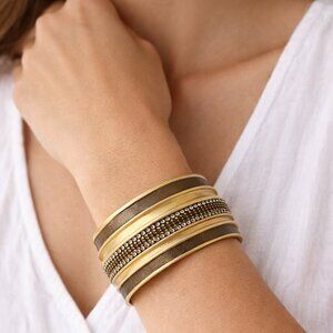 Wide Cuff Gold Tone and Leather Bracelet - 1  1/2" - small crystal accent